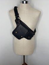Load image into Gallery viewer, Black leather crossbody belt bag. Hip Purse Crossbody Zip Snap Steampunk Biker.