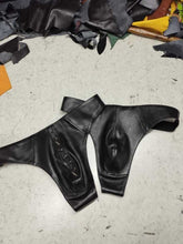 Load image into Gallery viewer, A pair of two Men's Studded Black Thong Jocks. Real Soft Sheepskin Leather Brief