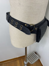 Load image into Gallery viewer, Black leather crossbody belt bag. Hip Purse Crossbody Zip Snap Steampunk Biker.