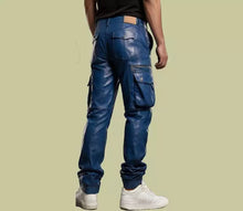 Load image into Gallery viewer, Men's Blue Cargo Leather Pant, Olive Green Leather Jeans Pant & Brown Shorts. Real Sheepskin Leather.