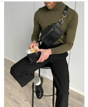 Load image into Gallery viewer, Genuine Leather Fanny Pack Cross Body Zipper Waist Bag. Belt Purse Black Pouch.