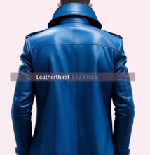 Load image into Gallery viewer, New Mens Blue Trench Leather Long Coat. Real Soft Lambskin Leather Jacket XL