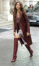 Load image into Gallery viewer, Women's New Trench Leather coat. Real Soft Lambskin Leather. Burgundy Long Coat.