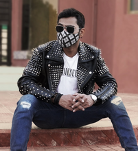 Load image into Gallery viewer, Mens New Silver Studded Biker Leather Jacket. Real Sheepskin Leather Motorcycle.