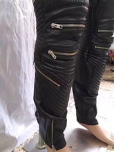 Load image into Gallery viewer, Men's New Black/ Purple Quilted Cargo Leather Pant. Real Soft Lambskin Motorcycle Leather Pant