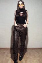 Load image into Gallery viewer, Women's Brown Laced-Up Leather Pants. Real Soft Sheepskin Biker Leather Pants.