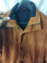 Load image into Gallery viewer, Men's Brown Shearling Suede Leather Trench Coat. Real Sheepskin leather Overcoat.