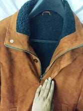 Load image into Gallery viewer, Men's Brown Shearling Suede Leather Trench Coat. Real Sheepskin leather Overcoat.