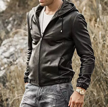 Load image into Gallery viewer, Mens New Hooded Black Leather Jacket. Real Soft Lambskin Leather Biker Jacket M