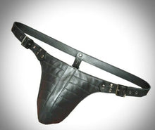 Load image into Gallery viewer, A pair of two Men's Black Double Layered Thong Jock. Real Leather Jockstraps.