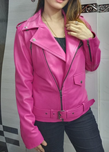 Load image into Gallery viewer, Womens Pink Biker Leather Jacket. Real Soft Sheepskin Motorcycle Leather Jacket.