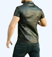 Load image into Gallery viewer, Men's & boys black biker Leather T-Shirt and hand gloves. Real Soft Sheepskin leather Tshirt