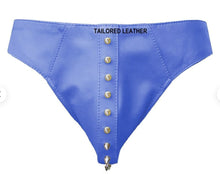 Load image into Gallery viewer, A pair of two Men's Studded Blue Thong Jocks. Real Soft Sheepskin Leather Briefs