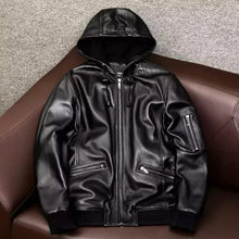Load image into Gallery viewer, New Men's Hooded Bomber Leather Jacket| Genuine Sheepskin Leather Thicker Jacket M