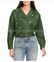 Load image into Gallery viewer, New Womens short Biker leather Jacket. Real Soft Sheepskin Leather Green Jacket.