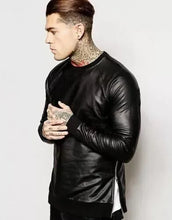Load image into Gallery viewer, Mens & Boys Black Leather Sweatshirt. Real Lambskin Leather Customized T-shirt M