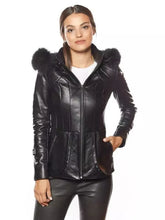 Load image into Gallery viewer, Women's New Black Hooded Fur Leather Jacket. Real Soft Lambskin Slim Fit Jacket.