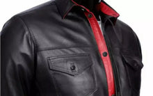 Load image into Gallery viewer, Mens Classic Black Leather Shirt. Real Soft Sheepskin Biker leather Shirts. XL
