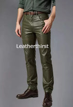 Load image into Gallery viewer, Men's Leather Olive Green Lambskin Sweat Jeans Pants. Real Soft Leather Jeans 34
