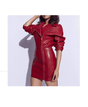 Load image into Gallery viewer, Womens New Genuine Crop Motorcycle Leather Dress. Red Slim Fit Mini Dress Womens