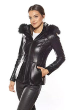 Load image into Gallery viewer, Women's New Black Hooded Fur Leather Jacket. Real Soft Lambskin Slim Fit Jacket.