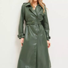 Load image into Gallery viewer, Women's New Trench Leather coat. Real Soft Lambskin Leather. Green Long Coat.