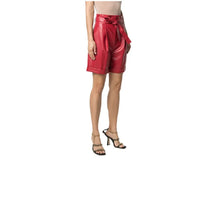 Load image into Gallery viewer, Womens New Red Bermuda Leather Shorts. Real Soft Sheepskin Leather Belted Shorts