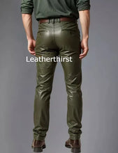 Load image into Gallery viewer, Men's Leather Olive Green Lambskin Sweat Jeans Pants. Real Soft Leather Jeans 34