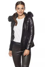 Load image into Gallery viewer, Women's New Black Hooded Fur Leather Jacket. Real Soft Lambskin Slim Fit Jacket.