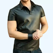 Load image into Gallery viewer, Men's & boys black biker Leather T-Shirt and hand gloves. Real Soft Sheepskin leather Tshirt