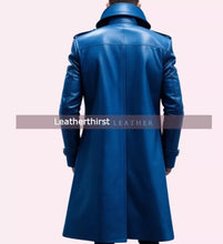 Load image into Gallery viewer, New Mens Blue Trench Leather Long Coat. Real Soft Lambskin Leather Jacket XL
