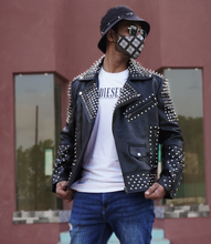 Load image into Gallery viewer, Mens New Silver Studded Biker Leather Jacket. Real Sheepskin Leather Motorcycle.