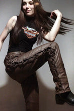 Load image into Gallery viewer, Women's Brown Laced-Up Leather Pants. Real Soft Sheepskin Biker Leather Pants.