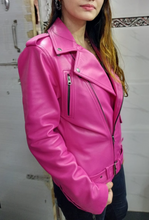 Load image into Gallery viewer, Womens Pink Biker Leather Jacket. Real Soft Sheepskin Motorcycle Leather Jacket.