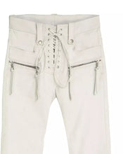 Load image into Gallery viewer, Men's New Motorcycle Leather Pant. Real Soft Lambskin Lace-up Zipper White Pant.