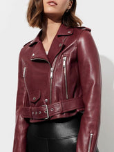 Load image into Gallery viewer, Brand New Women short Biker leather Jacket | Waist belt and extra lighter pocket