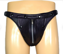 Load image into Gallery viewer, A pair of two Men's Black Leather Thong Jock. Real Leather Breathable Jockstraps
