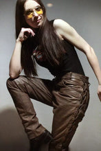 Load image into Gallery viewer, Women's Brown Laced-Up Leather Pants. Real Soft Sheepskin Biker Leather Pants.