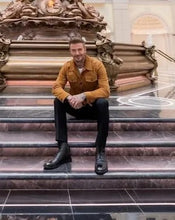 Load image into Gallery viewer, Men's New Tan Brown Suede Leather Jacket. Real Soft Sheepskin Bomber Leather jacket.