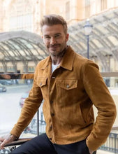 Load image into Gallery viewer, Men's New Tan Brown Suede Leather Jacket. Real Soft Sheepskin Bomber Leather jacket.