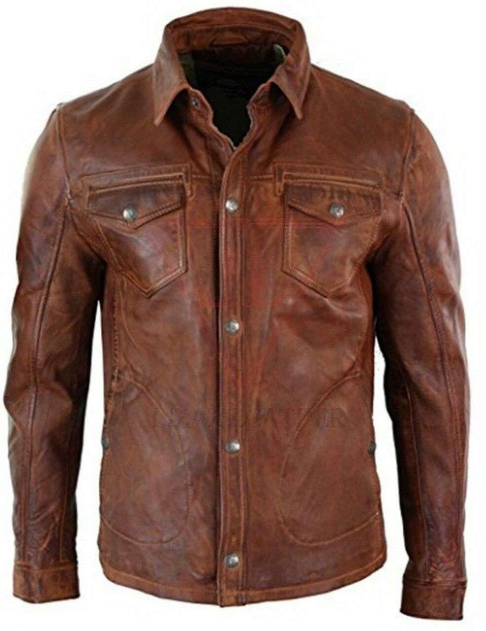 Leather shirt Antique shaded for men's double pocket. Leather