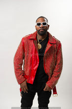 Load image into Gallery viewer, Mens Red Spiked Moto Jacket. Genuine Sheepskin Leather Jackets for Men
