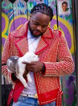 Load image into Gallery viewer, Mens Red Spiked Moto Jacket. Genuine Sheepskin Leather Jackets for Men
