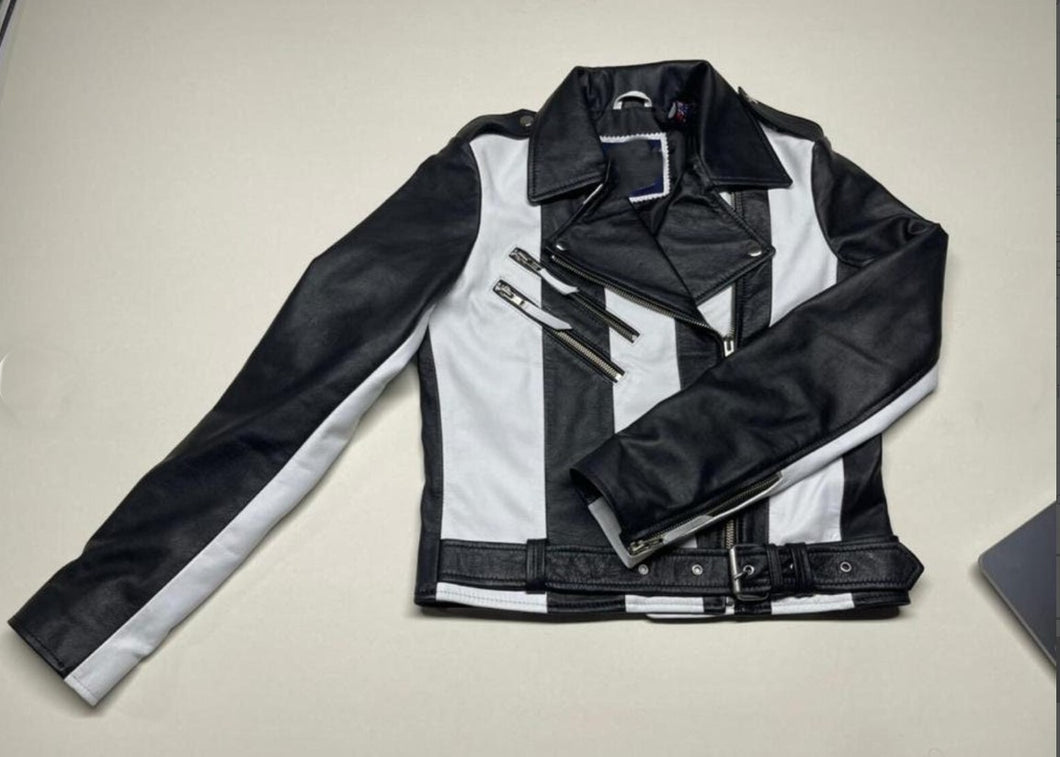 Women's Black & White Biker Leather Jacket. Real Soft Sheepskin leather jacket.