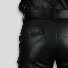 Load image into Gallery viewer, Men&#39;s Black Cargo leather Short. Real Soft Sheepskin Belted Biker leather Shorts
