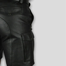 Load image into Gallery viewer, Men&#39;s Black Cargo leather Short. Real Soft Sheepskin Belted Biker leather Shorts
