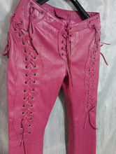 Load image into Gallery viewer, Women&#39;s Laced Up Pink Leather Pants. 100% Real Soft Sheepskin Biker Leather Pant
