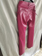 Load image into Gallery viewer, Women&#39;s Laced Up Pink Leather Pants. 100% Real Soft Sheepskin Biker Leather Pant
