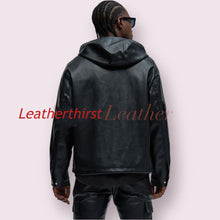 Load image into Gallery viewer, New Men&#39;s Hooded Bomber Leather Jacket| Genuine Sheepskin Leather T-shirt Style Jacket.
