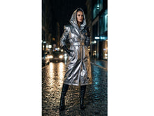 Load image into Gallery viewer, New Mens Blue &amp; silver Trench Leather Long Coat. Real Soft Sheepskin Double Layered Leather Coat.
